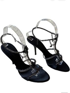 Giuseppe Zanotti Black Satin Rhinestone Enamel Anklet Heel Sandals 38.5 IT NIB
